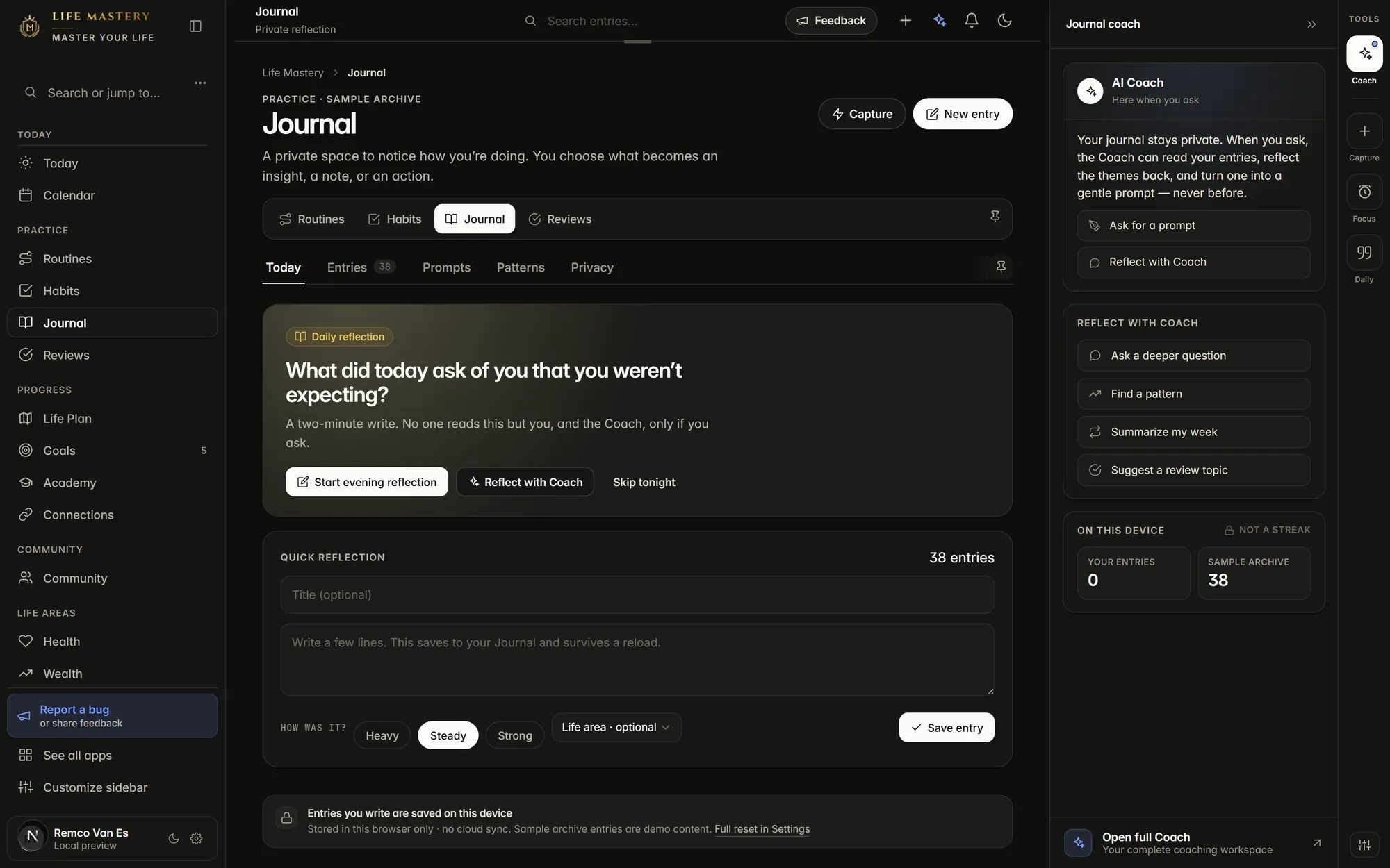 The Journal surface in the real Life Mastery app